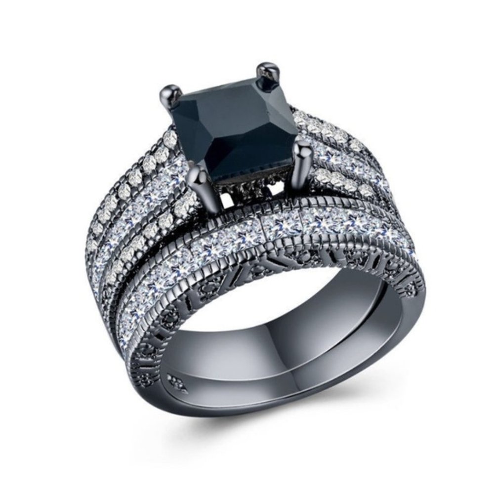 Black White Diamond Wedding Ring 2 Piece Set 7 - Picture 5 of 8